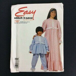 McCalls Stitch N Save 7387 Childs Pajamas & Gown Sewing Pattern XS S Uncut